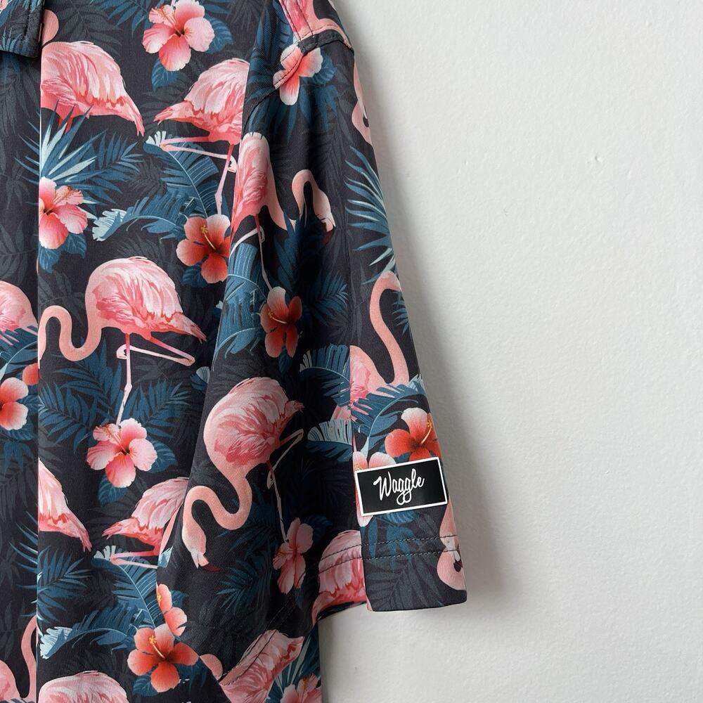Waggle Golf Polo Shirt Men's Large Navy Jungle Pink Flamingo Hawaiian‎ Blossom - Picture 3 of 7
